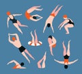 Summer set with swimming people isolated on the blue background. Summertime vector illustration.