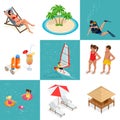 Summer set travel elements of sandy beach. Flat vector isometric illustration. Royalty Free Stock Photo