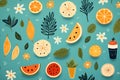 Summer set with tropical fruits, drinks, tree, leaves on green background. Illustration for fabric pattern, print background Royalty Free Stock Photo