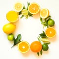 Summer set of tropical fruits, lemon, orange and green leaves on white. Banner. Royalty Free Stock Photo