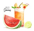 Summer set with watermelon, cocktail and lemon. Fresh summer cocktail with straw. Glass of pineapple soda drink. Royalty Free Stock Photo