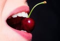 Summer sexy fruits. Cherry in teeth, macro, close up. Cherry in woman mouth. Cherries on woman lips. Girl biting cherry