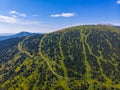 Summer Sheregesh Kemerovo region, Russia, panorama of Mount Zelenaya and Mustag. Aerial top view Royalty Free Stock Photo