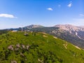 Summer Sheregesh Kemerovo region, Russia, panorama of Mount Zelenaya and Mustag. Aerial top view Royalty Free Stock Photo