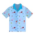 Summer shirt with short sleeves in blue. Marine ornament with cartoon jellyfish. Summer clothes. Isolated vector on white