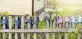 Summer shoes flip flops for a happy friendly family hang on a wooden fence outdoors on a Sunny summer day Royalty Free Stock Photo