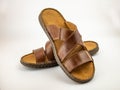 Summer shoes for males. Two brown leather fashion sandals. Royalty Free Stock Photo