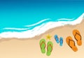 Summer shoes and starfish on beach, vector