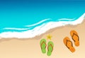 Summer shoes and starfish on beach, vector