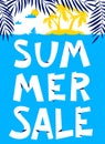 Summer shopping background. Summer sale lettering. Seasonal placard with beach landscape