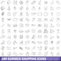 100 summer shopping icons set, outline style Royalty Free Stock Photo