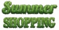 Summer Shopping text made of grass. Isolated on a black background. 3D illustration.