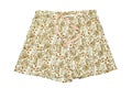 Summer shorts isolated. Closeup of a stylish fashionable pink olive colors summer short with floral pattern and ribbon bow