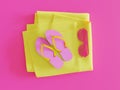 Summer Shutter Sunglasses Flip Flop sandals in magenta and yellow towel minimalistic above view