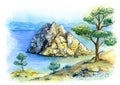 Summer Siberian landscape, Olkhon island, Lake Baikal, hand drawn watercolor illustration.