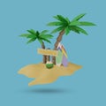 summer signboard with palm trees, surfboards and young coconuts, 3d render