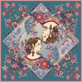 Summer silk scarf with beautiful women faces, flowers, birds and maple leaves.