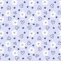 Summer simple retro seamless pattern with flowers and hearts. Hippie aesthetic print for fabric, paper, T-shirt. Romantic