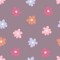 Summer simple seamless pattern with multicolour flowers. Groovy hippie aesthetic print for fabric, paper, T-shirt.