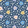 Summer simple seamless pattern with multicolour flowers and spots. Groovy hippie aesthetic print for fabric, paper, T-shirt.