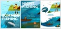 Vector summer posters set river fishing activities