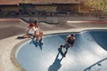 Summer. Skater Friends With Skateboard At Skatepark. Group Of People In Casual Outfit Outdoor