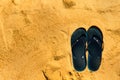 Summer slippers. Navy blue flip flop on yellow sand beach background. Copy space, top view. Holiday and travel concept Royalty Free Stock Photo