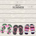 Summer slippers with wood linear background Royalty Free Stock Photo
