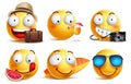 Summer smileys vector set with facial expressions. Yellow smiley face emoticons