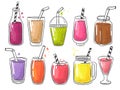 Summer smoothie. Fruits cold healthy drinks vitamin juice vector shake illustrations
