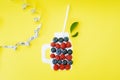 Summer smoothies with blueberry, raspberries and currant detox on yellow background. Berries border design. Close up top