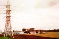 Summer solar field power transmission tower. Electricity Wires Royalty Free Stock Photo