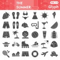 Summer solid icon set, beach symbols collection or sketches. Travel and vacation signs for web, glyph style pictogram Royalty Free Stock Photo