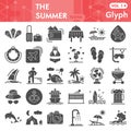 Summer solid icon set, tourism and vacation symbols collection or sketches. Beach signs for web, glyph style pictogram Royalty Free Stock Photo