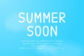 Summer soon handwritten thin slim font white color on blue sky background. Big alphabet set, uppercase and lowercase letters, Royalty Free Stock Photo