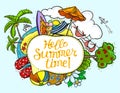 Summer speech bubble with Hello summer time lettering. Background with summer tropical beach