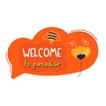 Speech bubble Welcome to paradise. Doodle colorful summer sticker with cute icons. Royalty Free Stock Photo