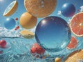 Summer Splash, Fruits Inside Water, Sea Ocean Bubbles and Colorful Balls, Summer Fun Royalty Free Stock Photo