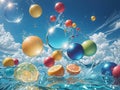Summer Splash, Fruits Inside Water, Sea Ocean Bubbles and Colorful Balls, Summer Fun Royalty Free Stock Photo