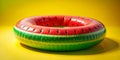 Summer Splash Fun A Giant Inflatable Watermelon Pool Float Against a Vibrant Yellow Background Perfect for Poolside Royalty Free Stock Photo