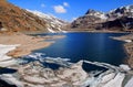 Summer on the Splgen in Switzerland. Ice floes on a lake in high mountains