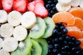 Summer sponge cake with bananas, strawberries, currants, tangerines, bilberries and kiwi. top view horizontal. Royalty Free Stock Photo