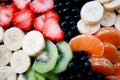 Summer sponge cake with bananas, strawberries, currants, tangerines, bilberries and kiwi. top view horizontal. Royalty Free Stock Photo