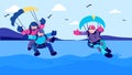 Summer sport activity, sea parachute jump vector illustration. Man woman people cartoon character fun extreme