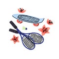 Summer sports and activities concept. Skateboard and badminton racket, shuttlecock for active holiday, summertime Royalty Free Stock Photo