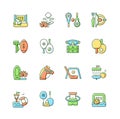 Summer sports and camp activities RGB color icons set