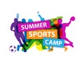 `SUMMER SPORTS CAMP` banner with silhouettes taking part in various sports