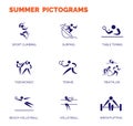 Summer sports icons. Vector isolated pictograms with the names of sports disciplines. Games and sport