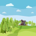 Summer or spring background landscape scene with country two-storied house with fences