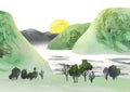 Summer or spring background, panoramic countryside landscape with sunrise. Watercolor vector Illustration with trees, river and Royalty Free Stock Photo